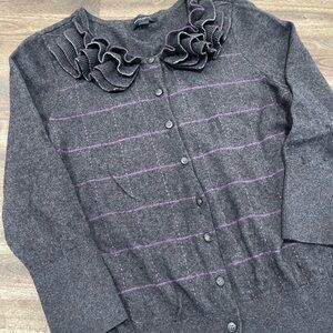 Banana Republic Gray & Purple Plaid Ruffle Neck Cardigan - Size L